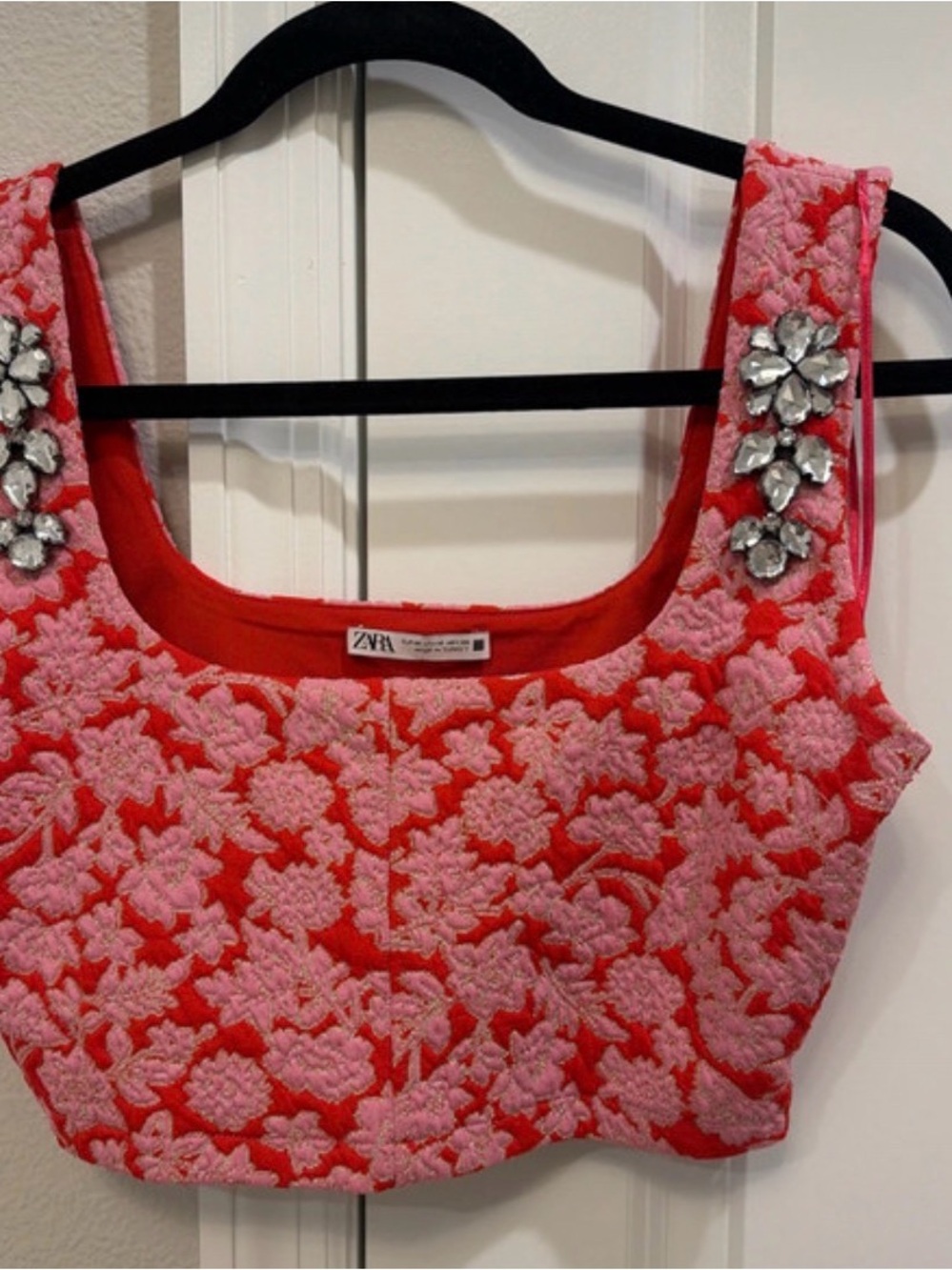 Zara Pink and Red Floral Embroidered Crop Top with Jewel Straps